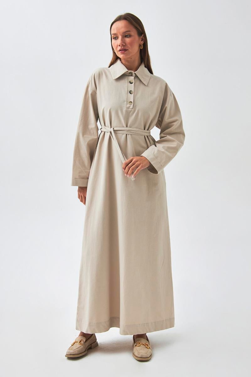 Düşük Kol Düğmeli Elbise Taş