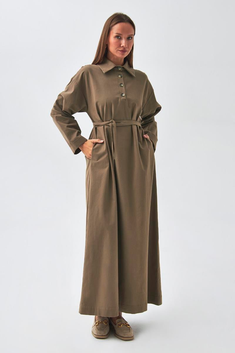 Düşük Kol Düğmeli Elbise Toprak