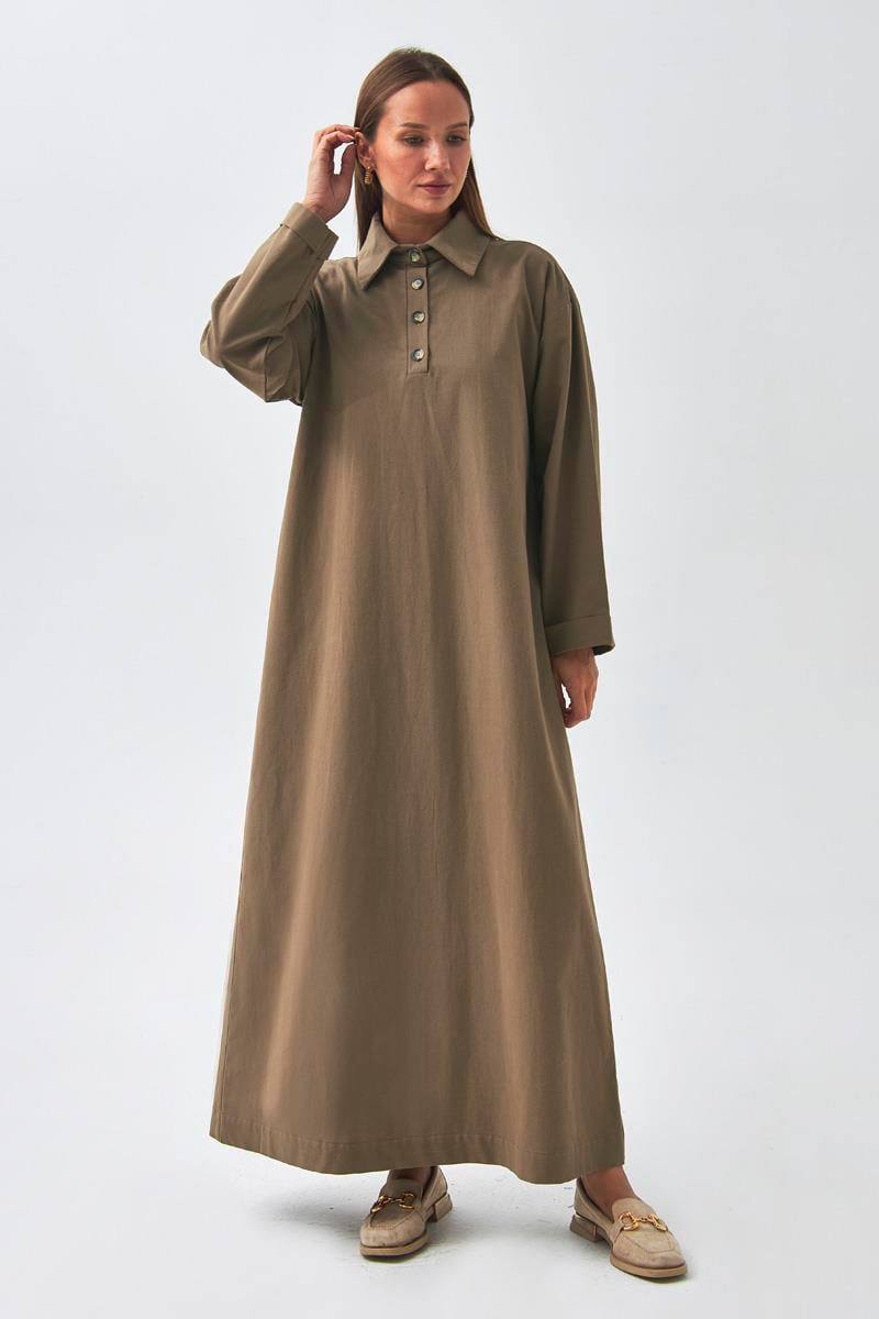 Düşük Kol Düğmeli Elbise Toprak