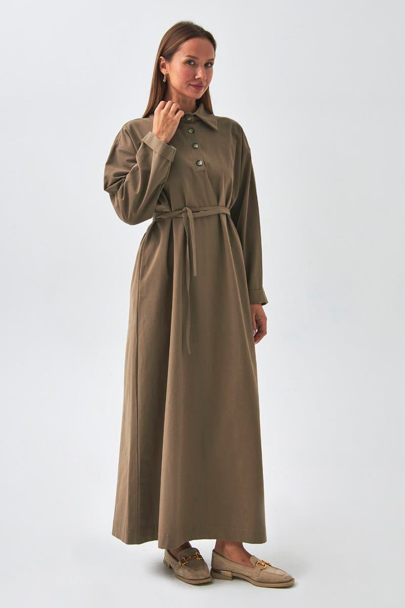 Düşük Kol Düğmeli Elbise Toprak