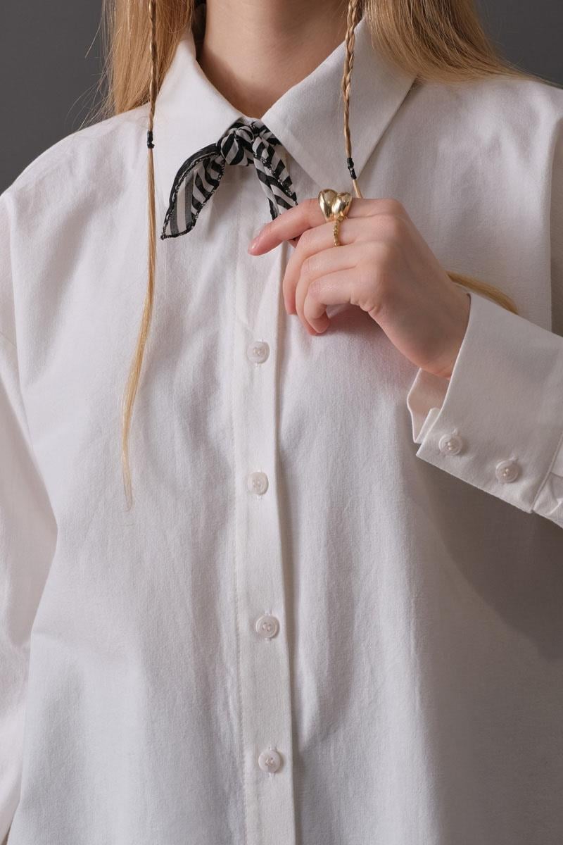 Düşük Kol Düğmeli Gömlek Beyaz