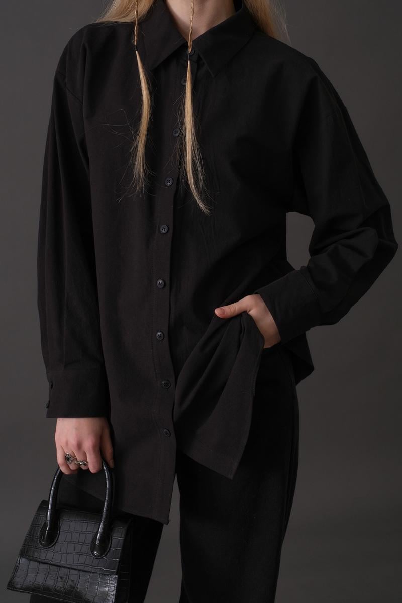 Düşük Kol Düğmeli Gömlek Siyah