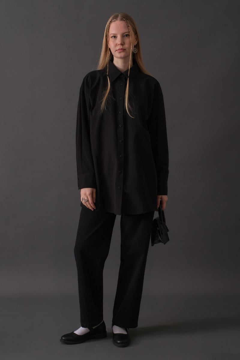 Düşük Kol Düğmeli Gömlek Siyah