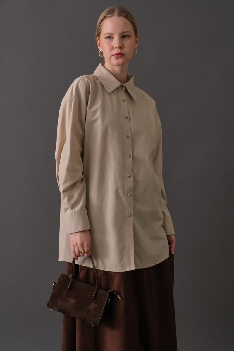 Düşük Kol Düğmeli Gömlek Taş