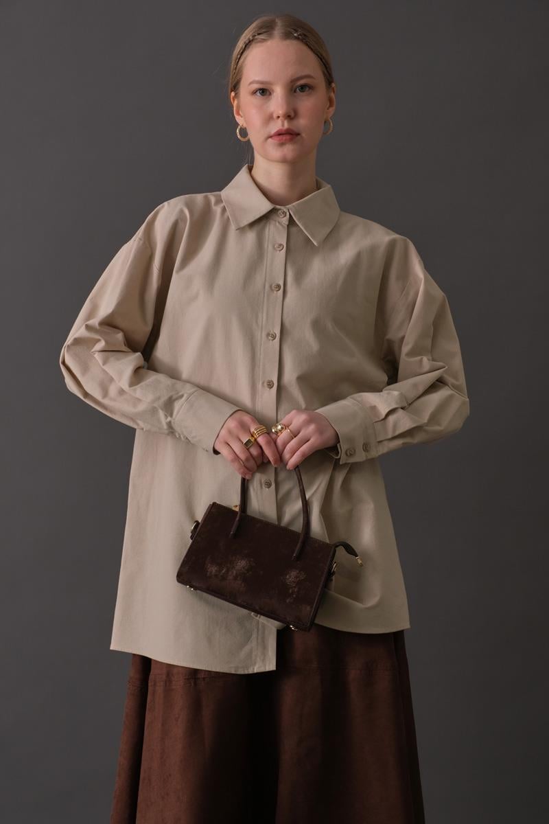 Düşük Kol Düğmeli Gömlek Taş