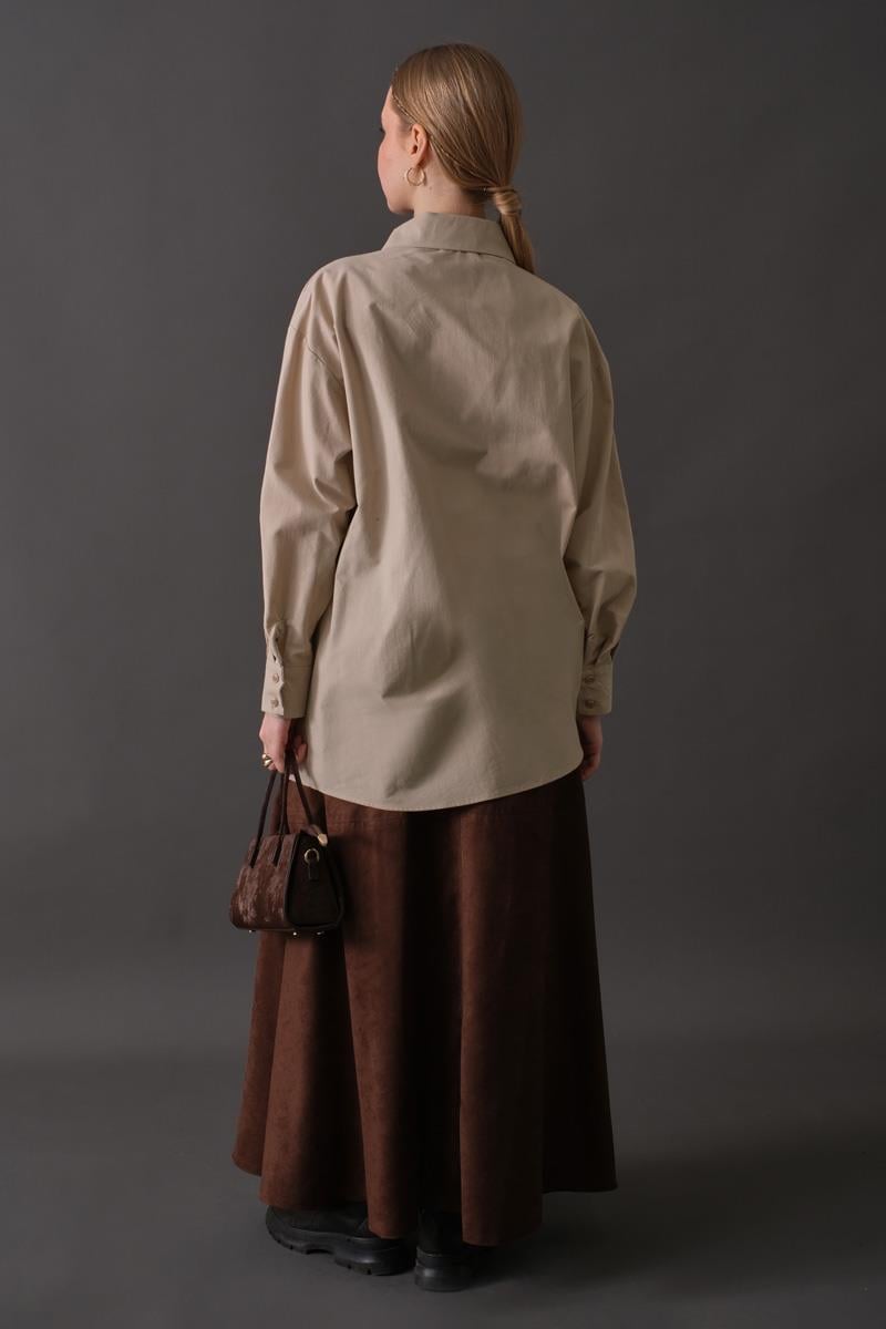 Düşük Kol Düğmeli Gömlek Taş