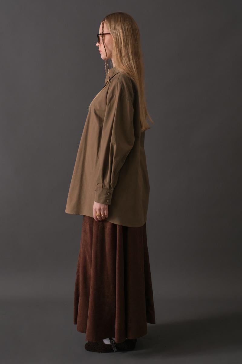 Düşük Kol Düğmeli Gömlek Toprak