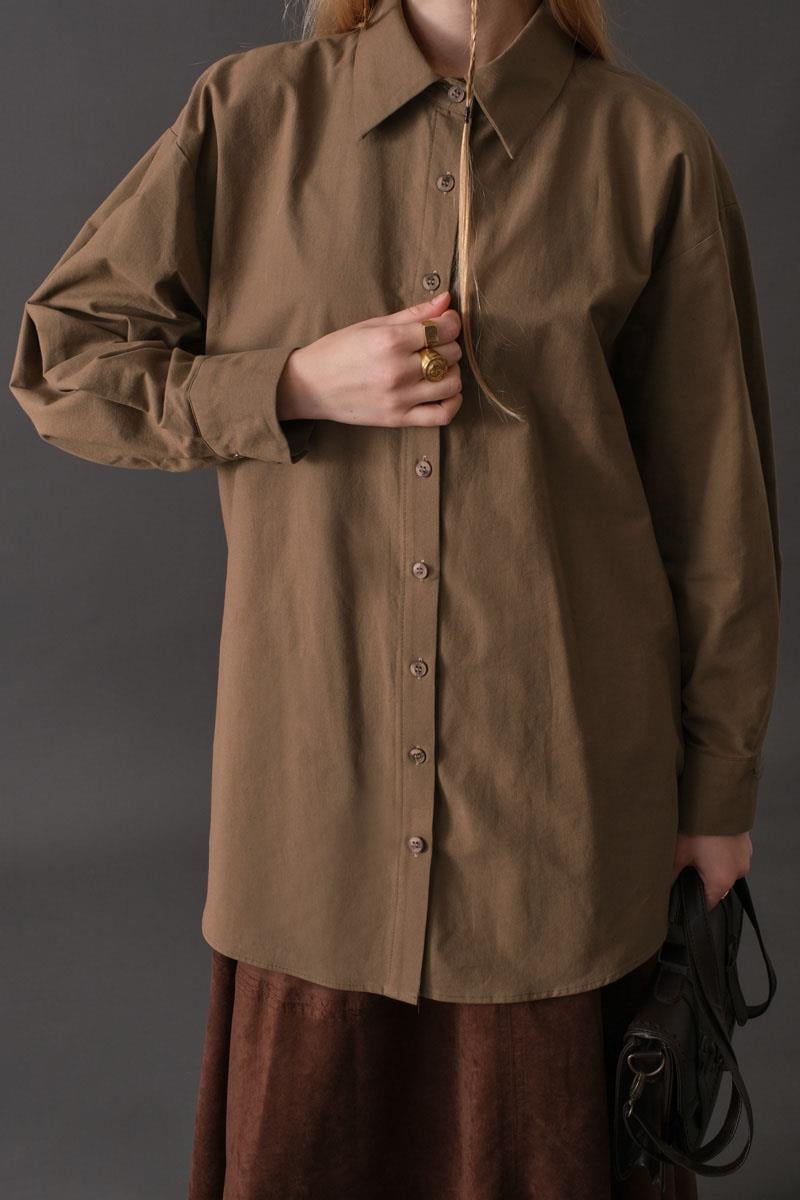 Düşük Kol Düğmeli Gömlek Toprak
