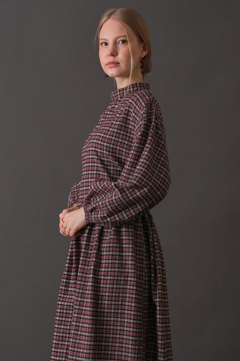 Düşük Kol Ekose Desenli Elbise Bordo
