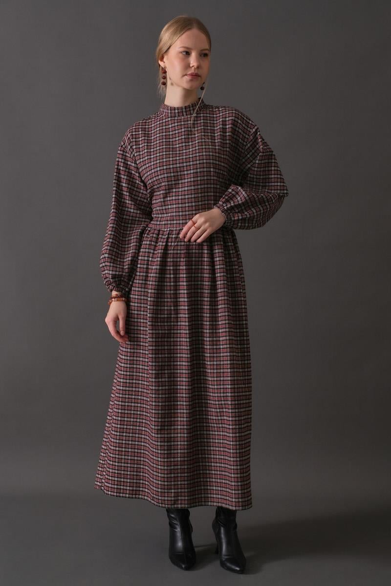 Düşük Kol Ekose Desenli Elbise Bordo