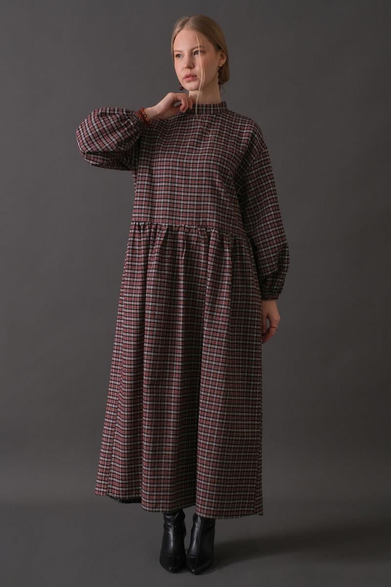 Düşük Kol Ekose Desenli Elbise Bordo