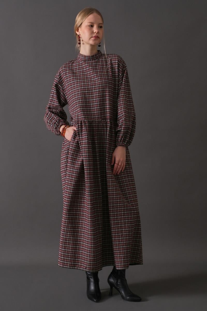 Düşük Kol Ekose Desenli Elbise Bordo