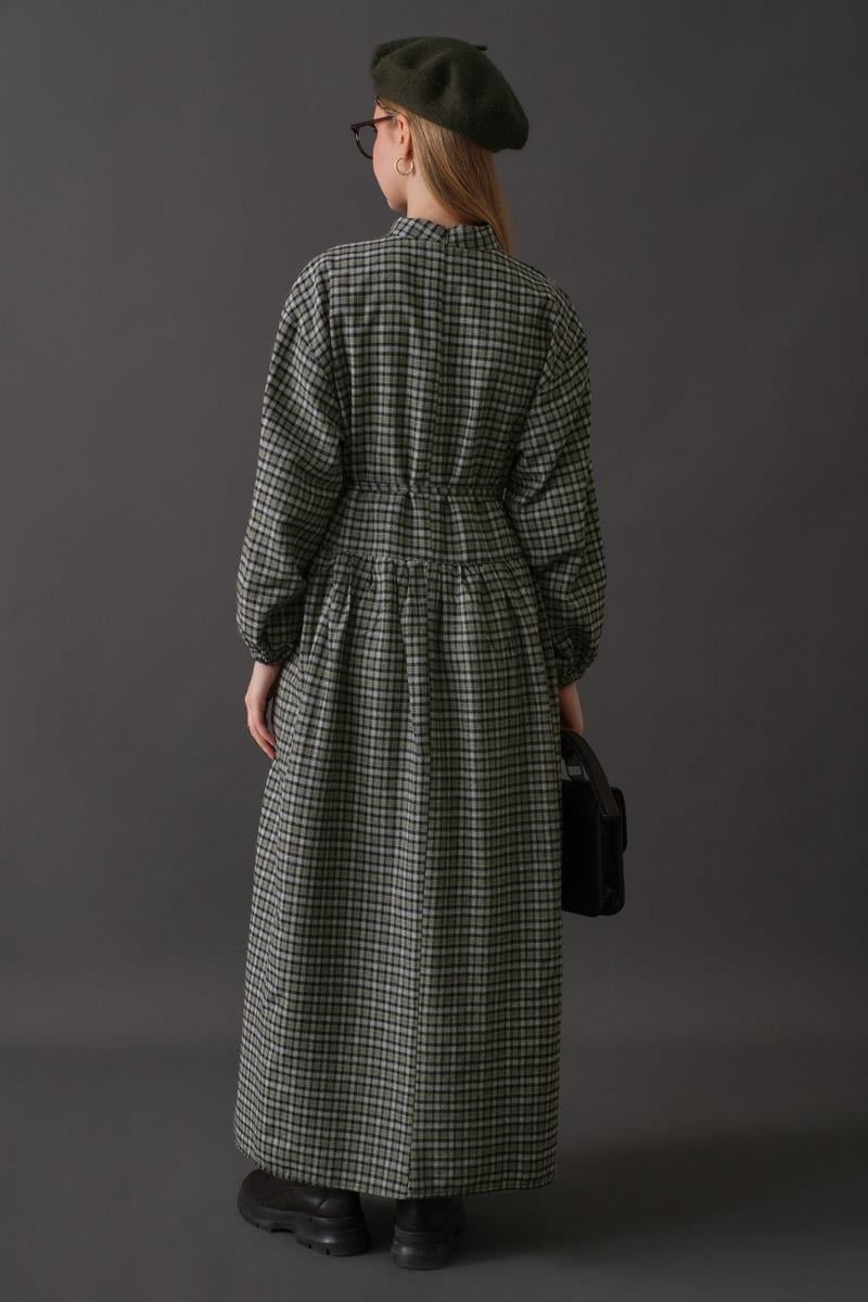 Düşük Kol Ekose Desenli Elbise Haki