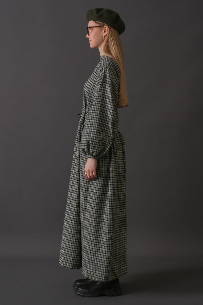 Düşük Kol Ekose Desenli Elbise Haki