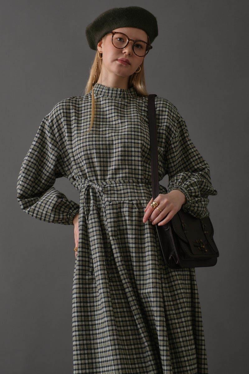 Düşük Kol Ekose Desenli Elbise Haki