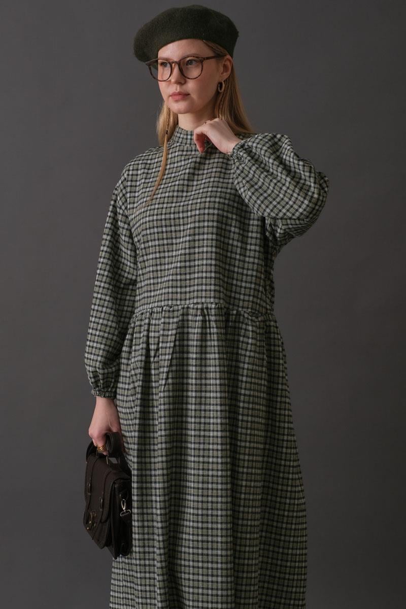 Düşük Kol Ekose Desenli Elbise Haki