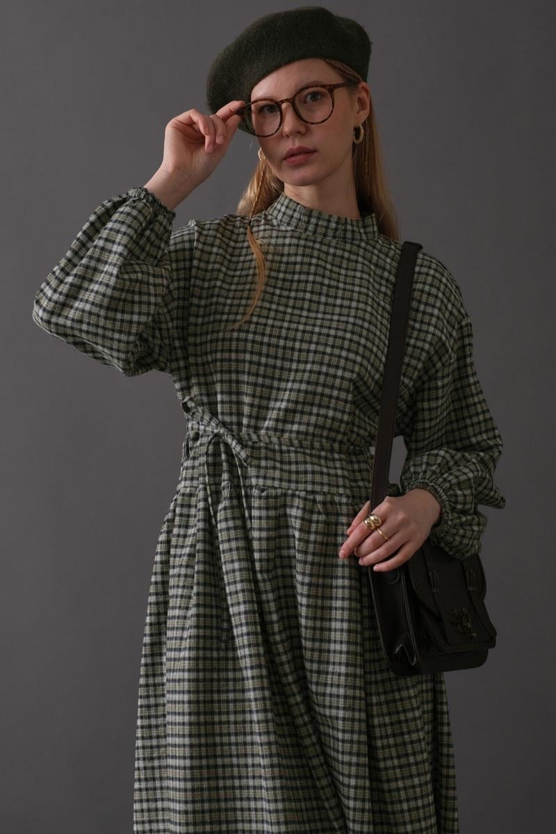 Düşük Kol Ekose Desenli Elbise Haki