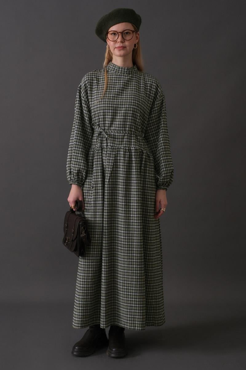 Düşük Kol Ekose Desenli Elbise Haki