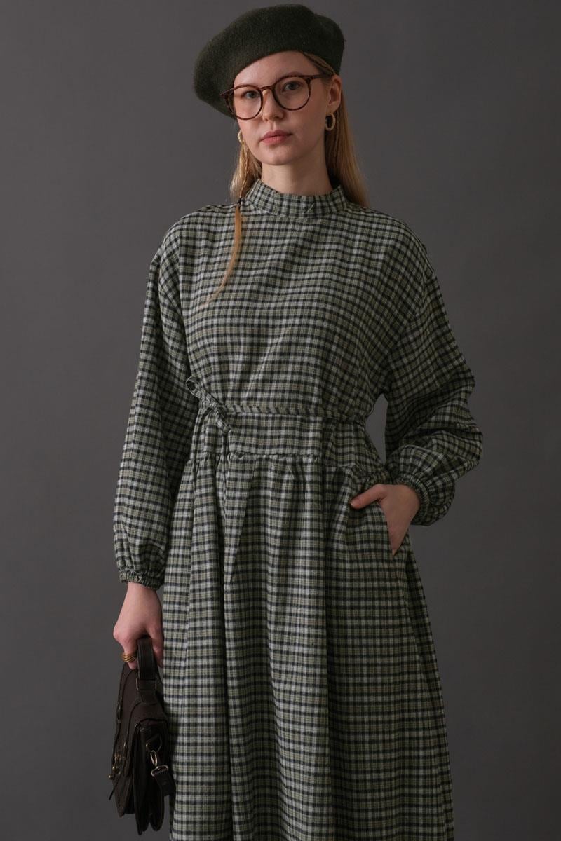 Düşük Kol Ekose Desenli Elbise Haki