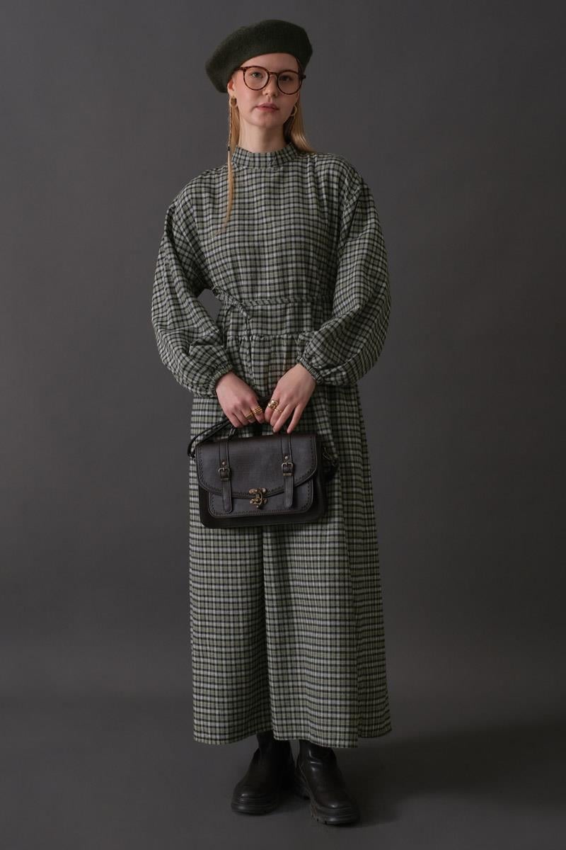 Düşük Kol Ekose Desenli Elbise Haki