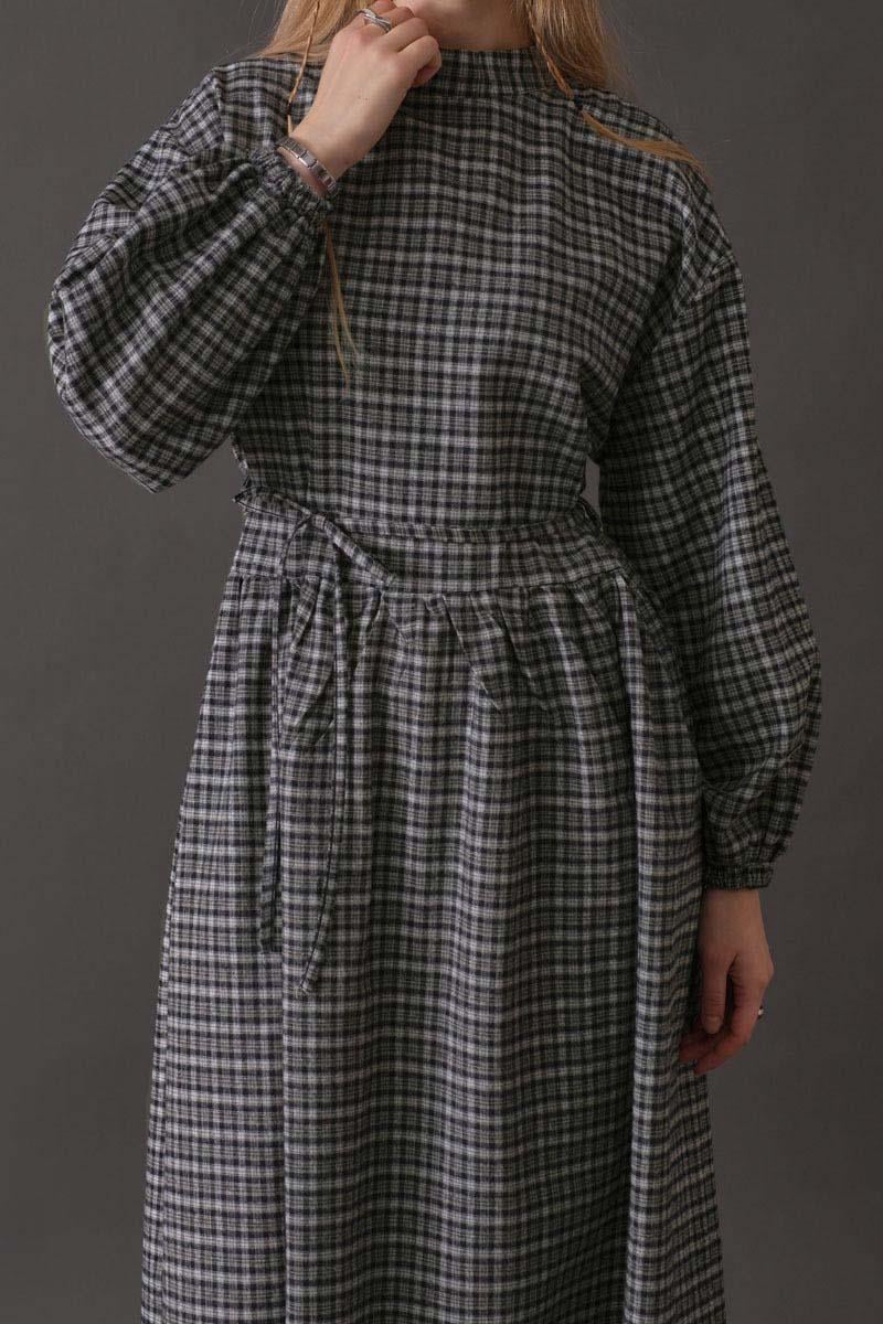 Düşük Kol Ekose Desenli Elbise Lacivert