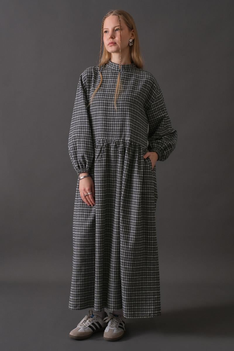 Düşük Kol Ekose Desenli Elbise Lacivert