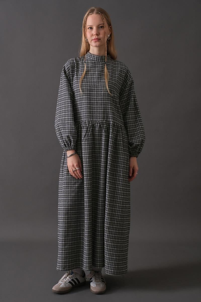 Düşük Kol Ekose Desenli Elbise Lacivert