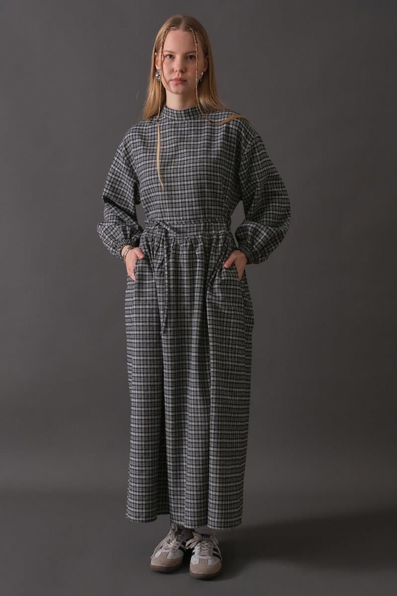 Düşük Kol Ekose Desenli Elbise Lacivert