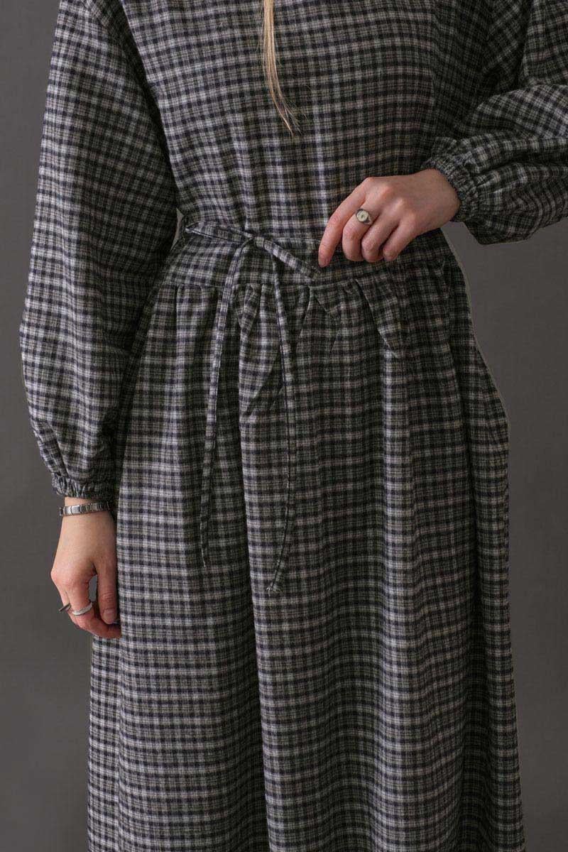 Düşük Kol Ekose Desenli Elbise Lacivert