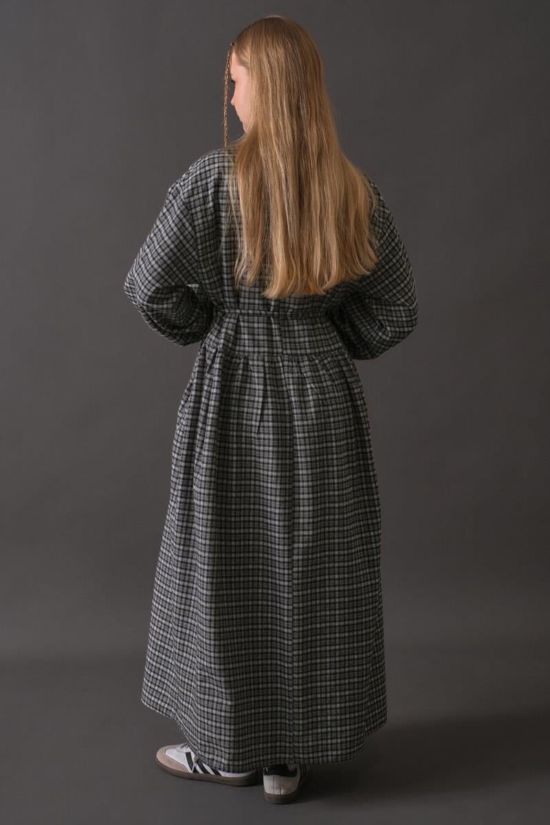 Düşük Kol Ekose Desenli Elbise Lacivert