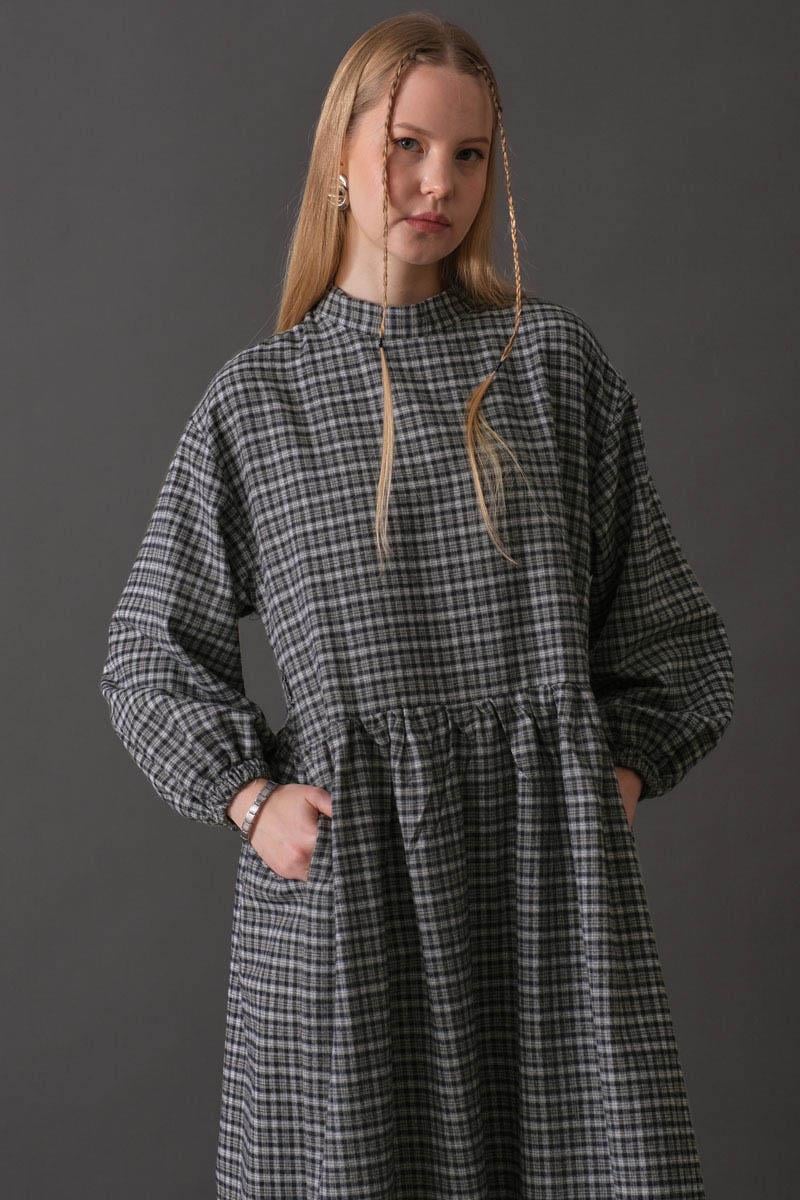 Düşük Kol Ekose Desenli Elbise Lacivert