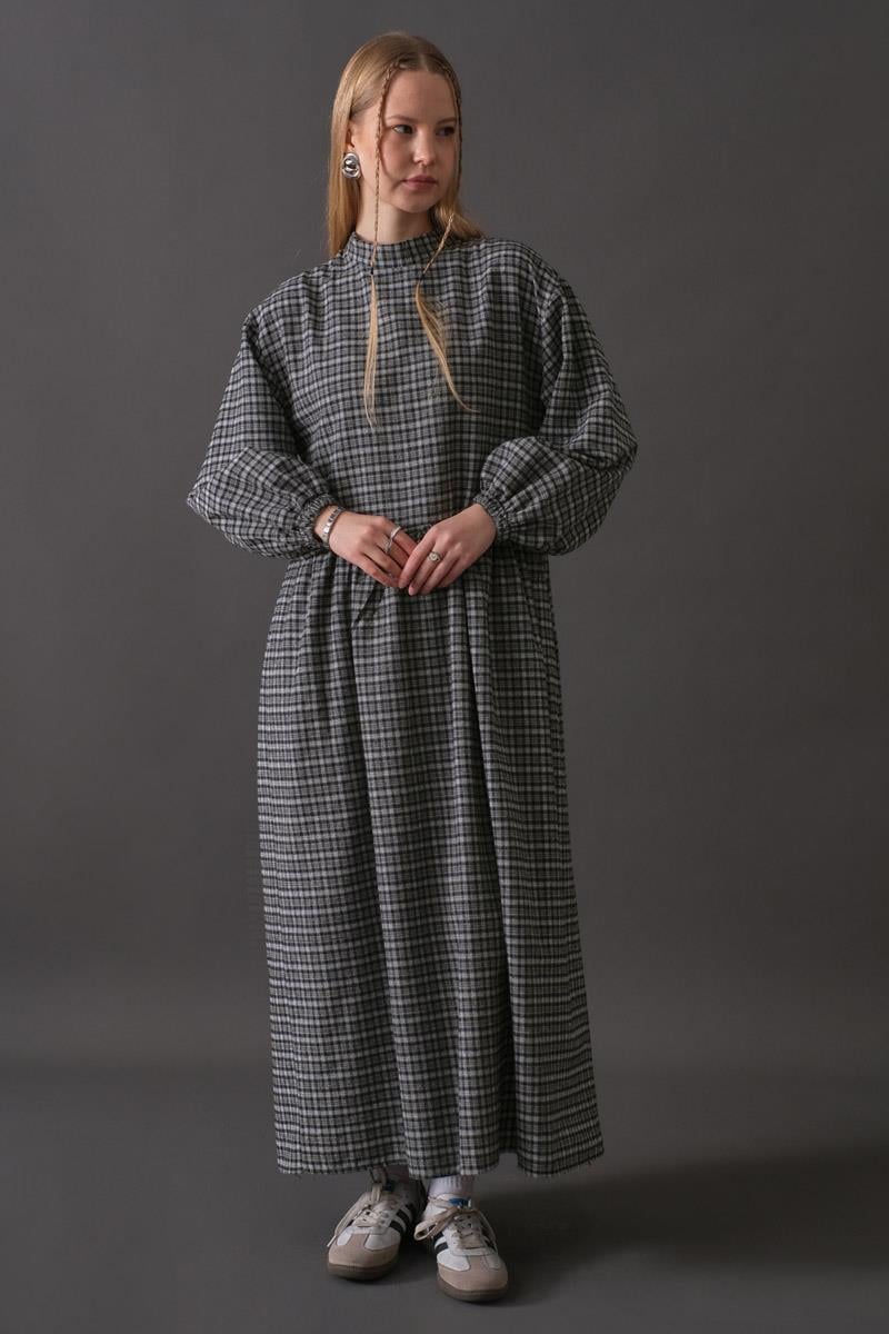 Düşük Kol Ekose Desenli Elbise Lacivert