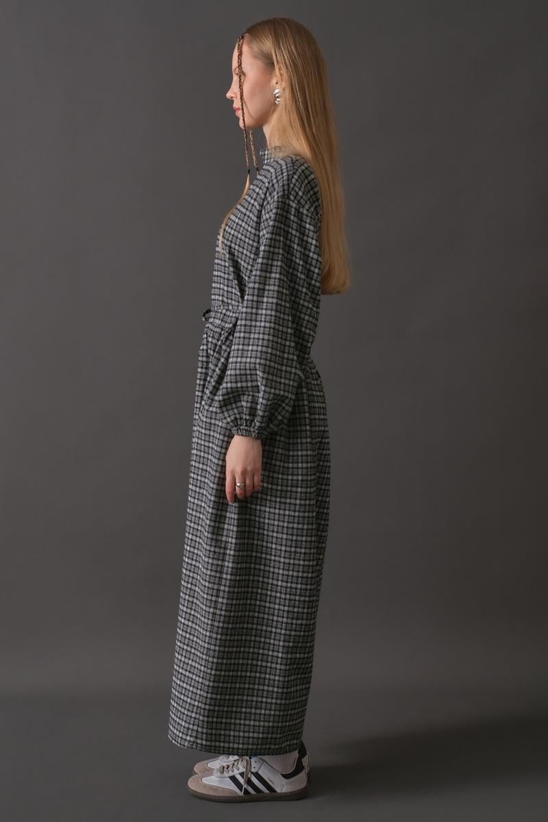 Düşük Kol Ekose Desenli Elbise Lacivert