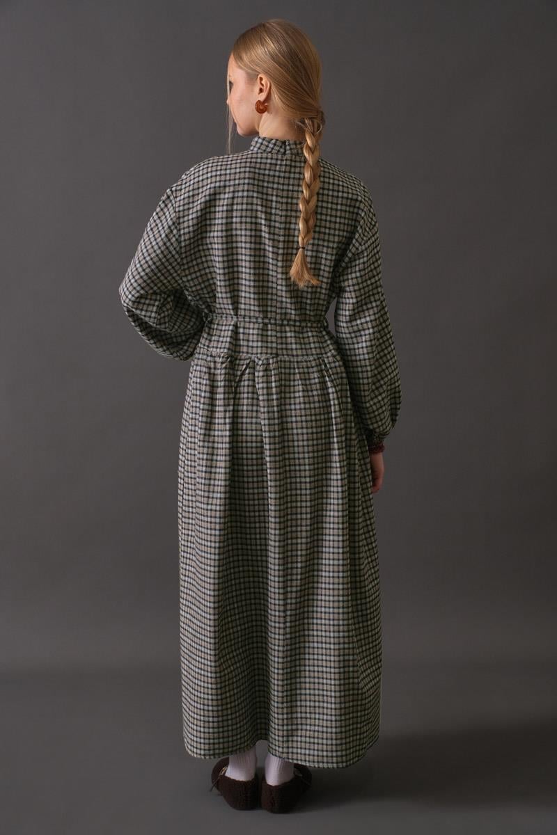 Düşük Kol Ekose Desenli Elbise Vizon