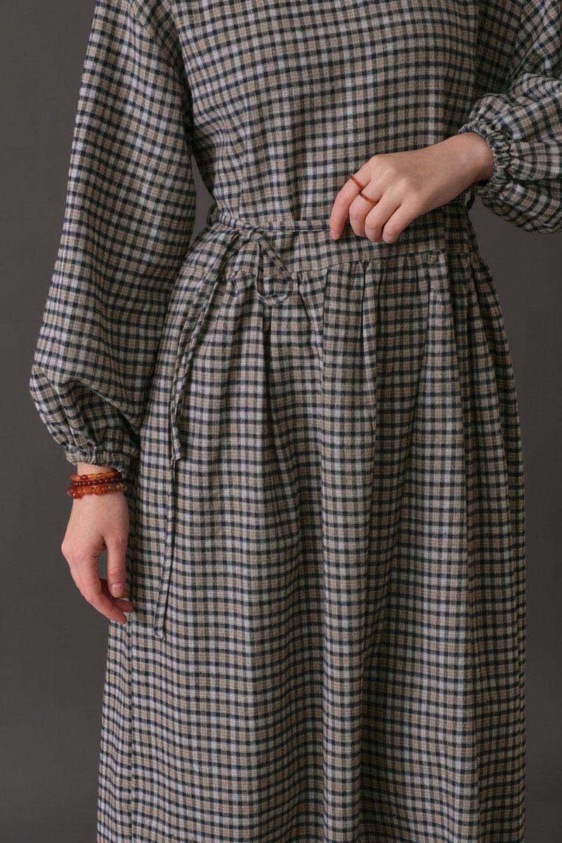 Düşük Kol Ekose Desenli Elbise Vizon