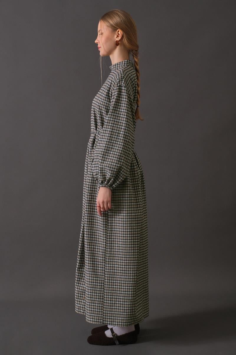 Düşük Kol Ekose Desenli Elbise Vizon