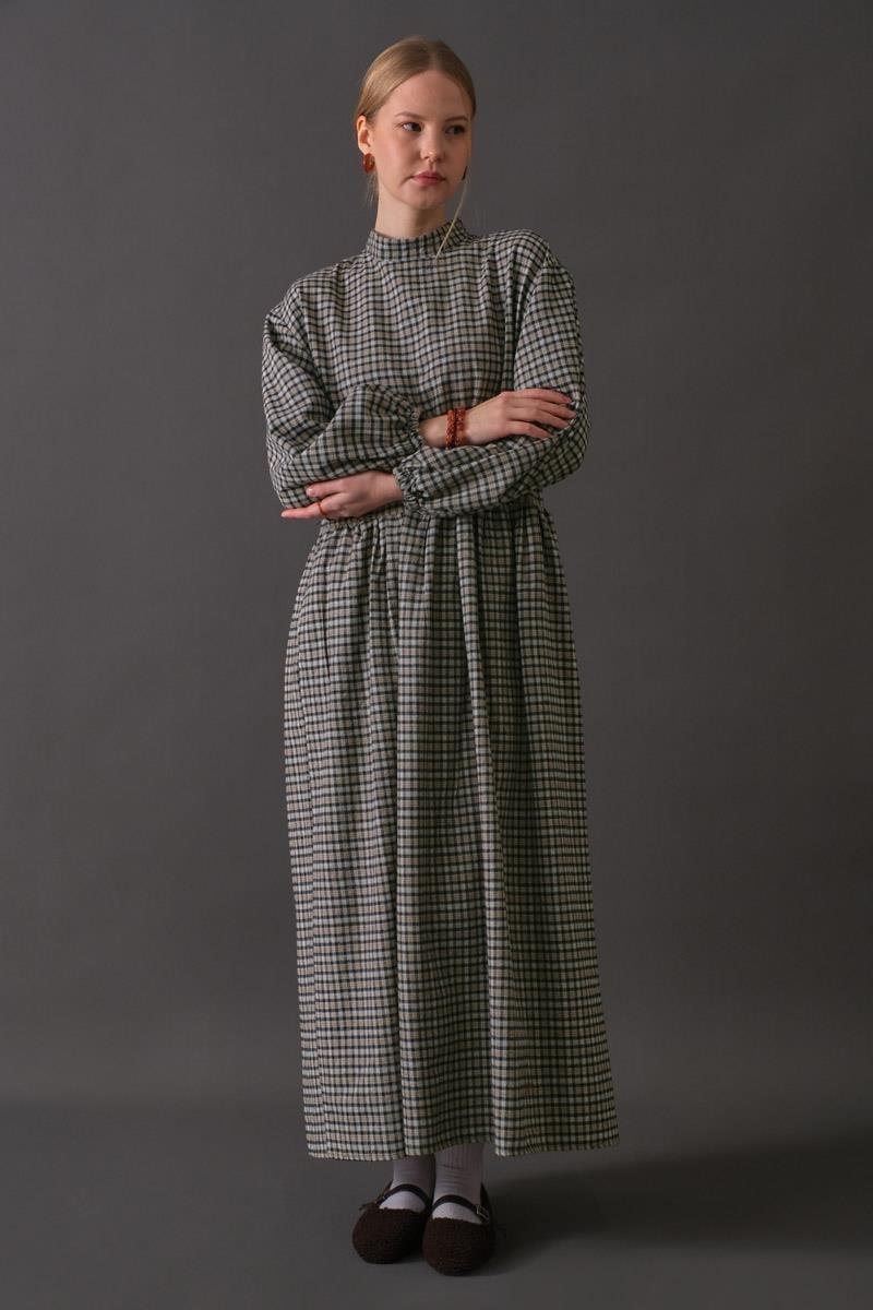 Düşük Kol Ekose Desenli Elbise Vizon