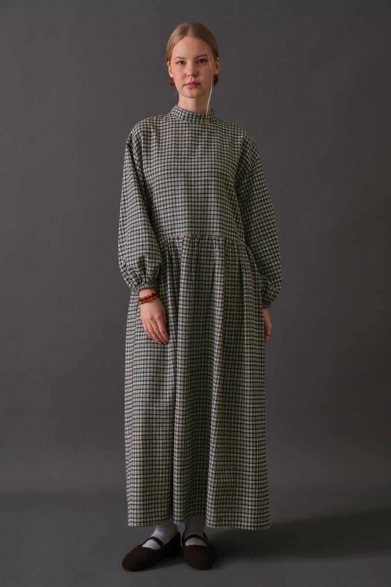 Düşük Kol Ekose Desenli Elbise Vizon