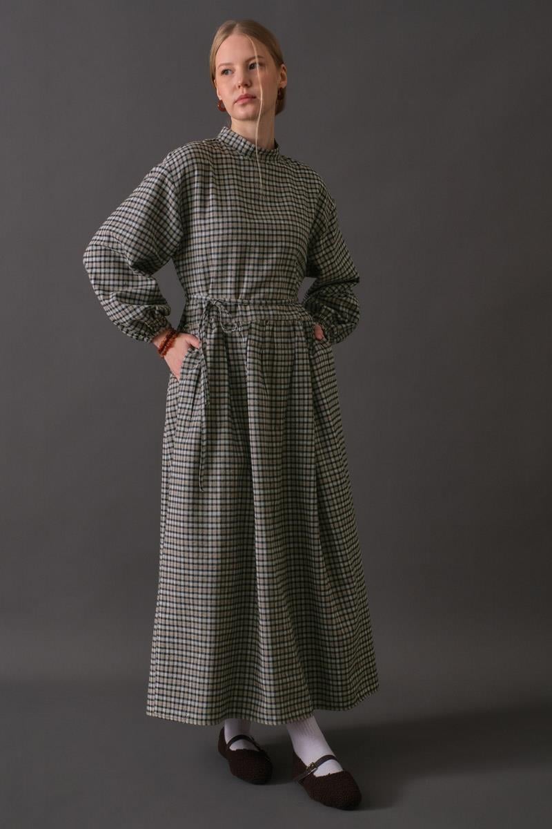 Düşük Kol Ekose Desenli Elbise Vizon