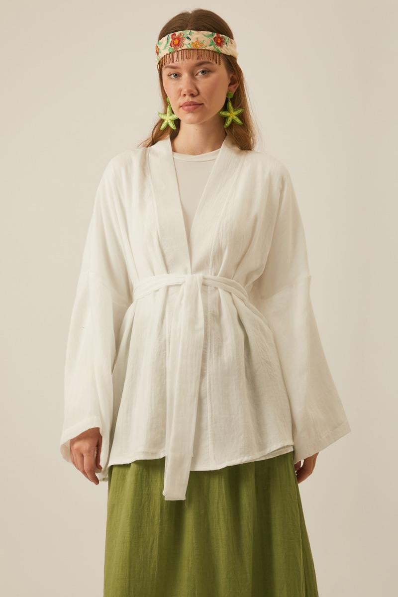 Düşük Kol Kimono Beyaz