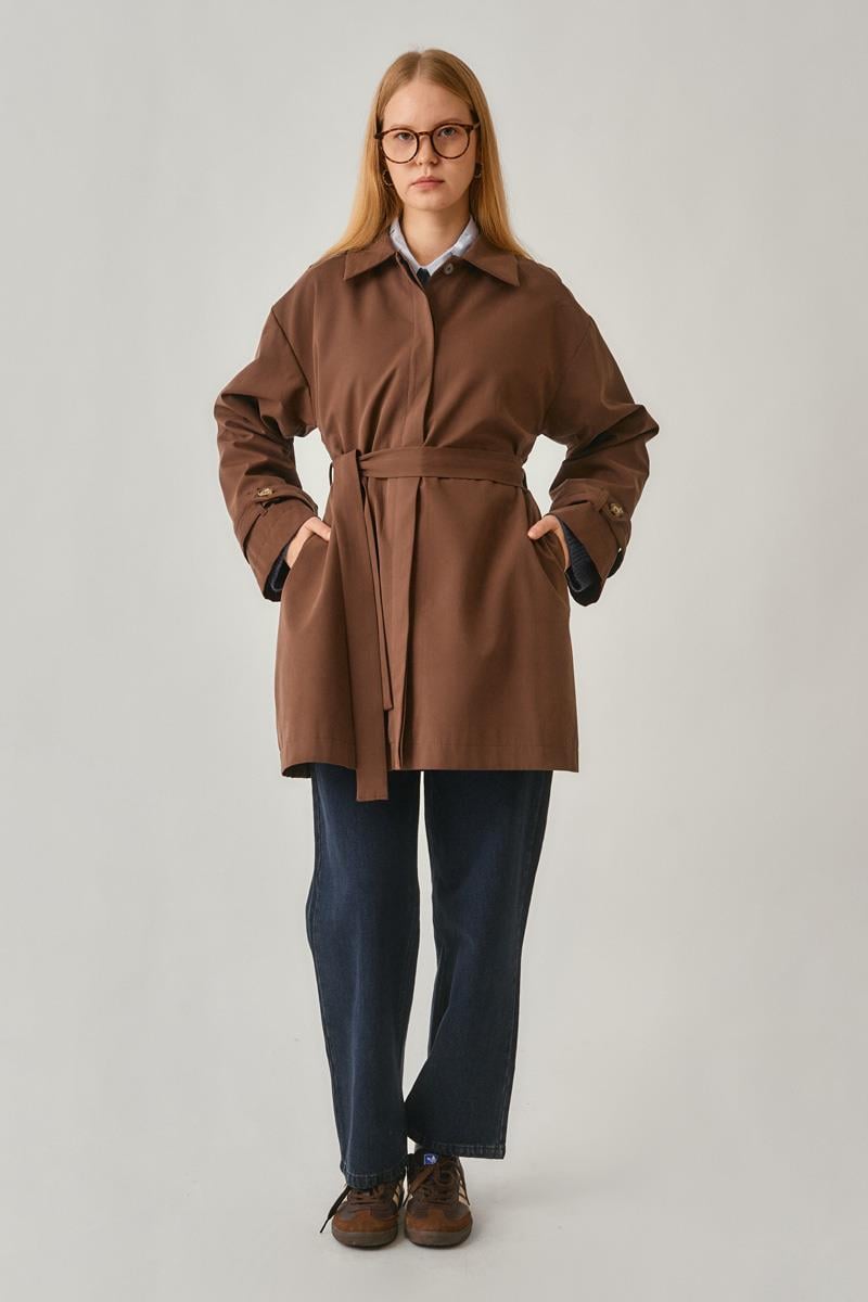 Düşük Kol Kısa Trençkot Kahverengi