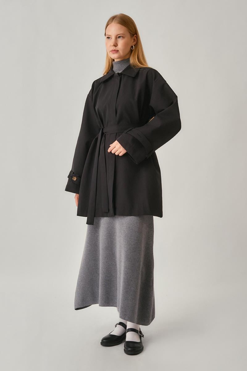 Düşük Kol Kısa Trençkot Siyah