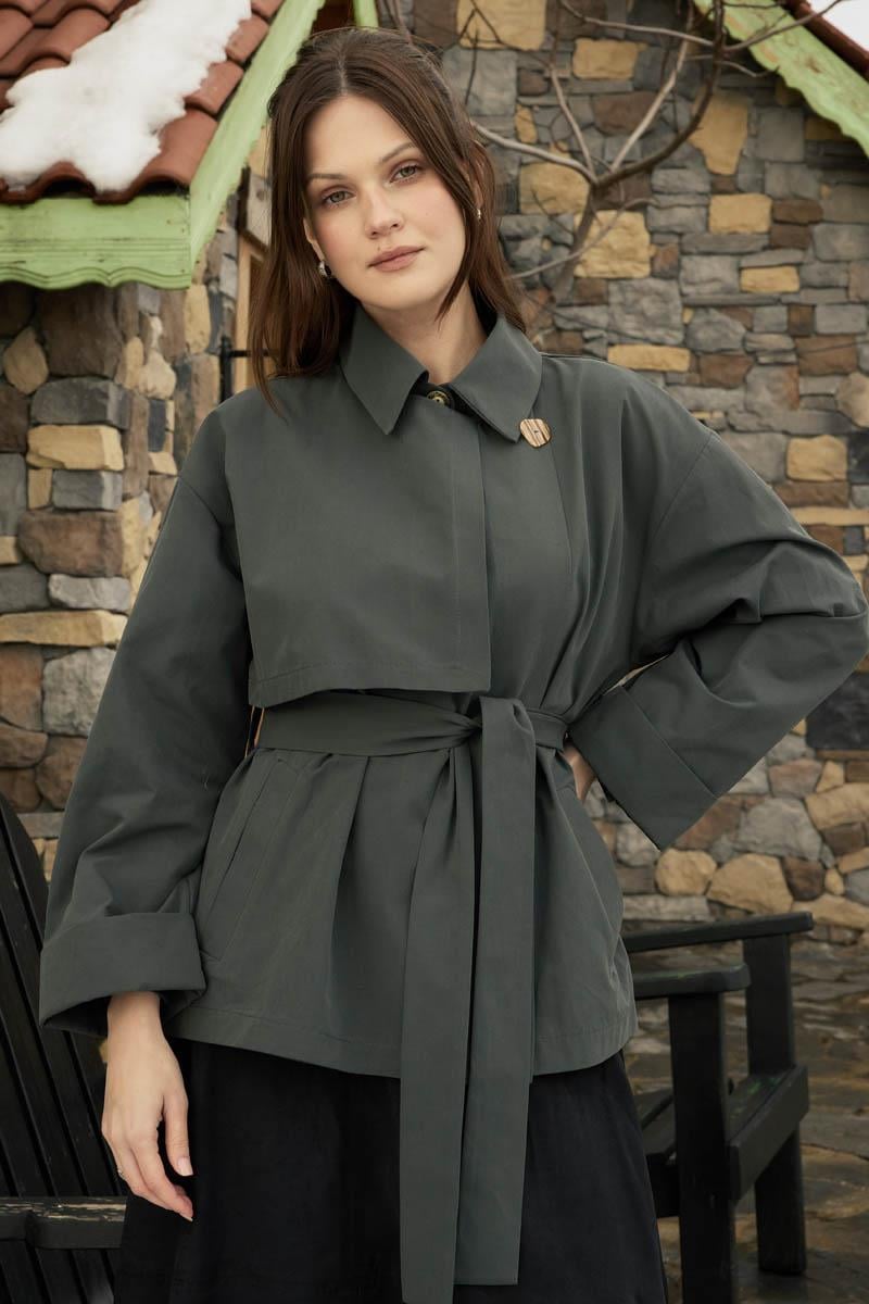 Düşük Kol Kruvaze Trençkot Antrasit