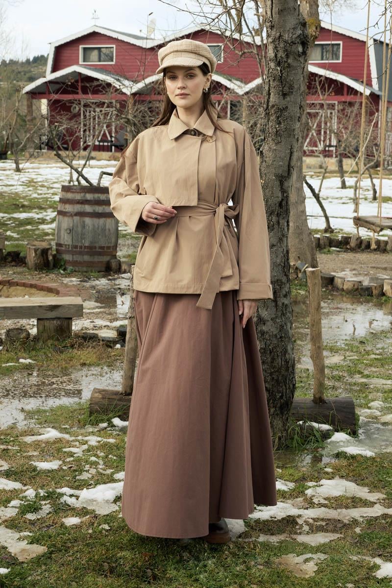 Düşük Kol Kruvaze Trençkot Bej