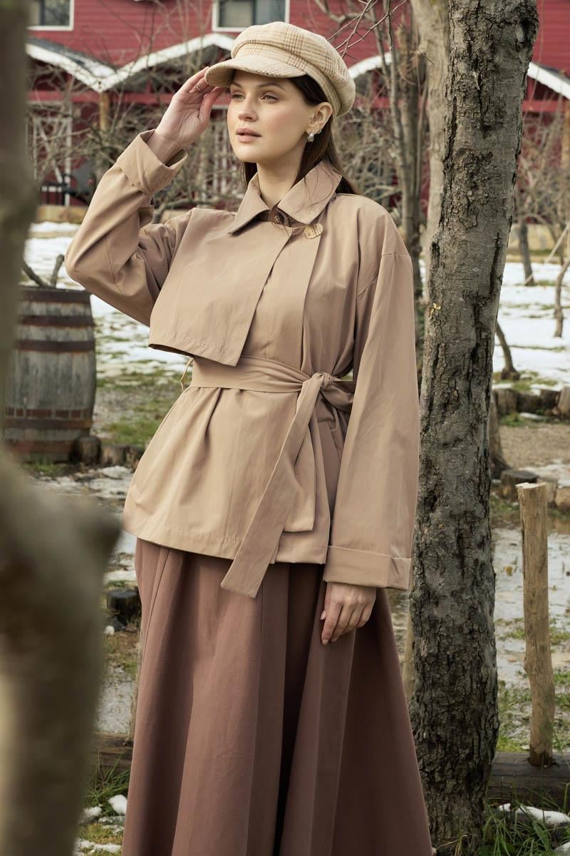 Düşük Kol Kruvaze Trençkot Bej