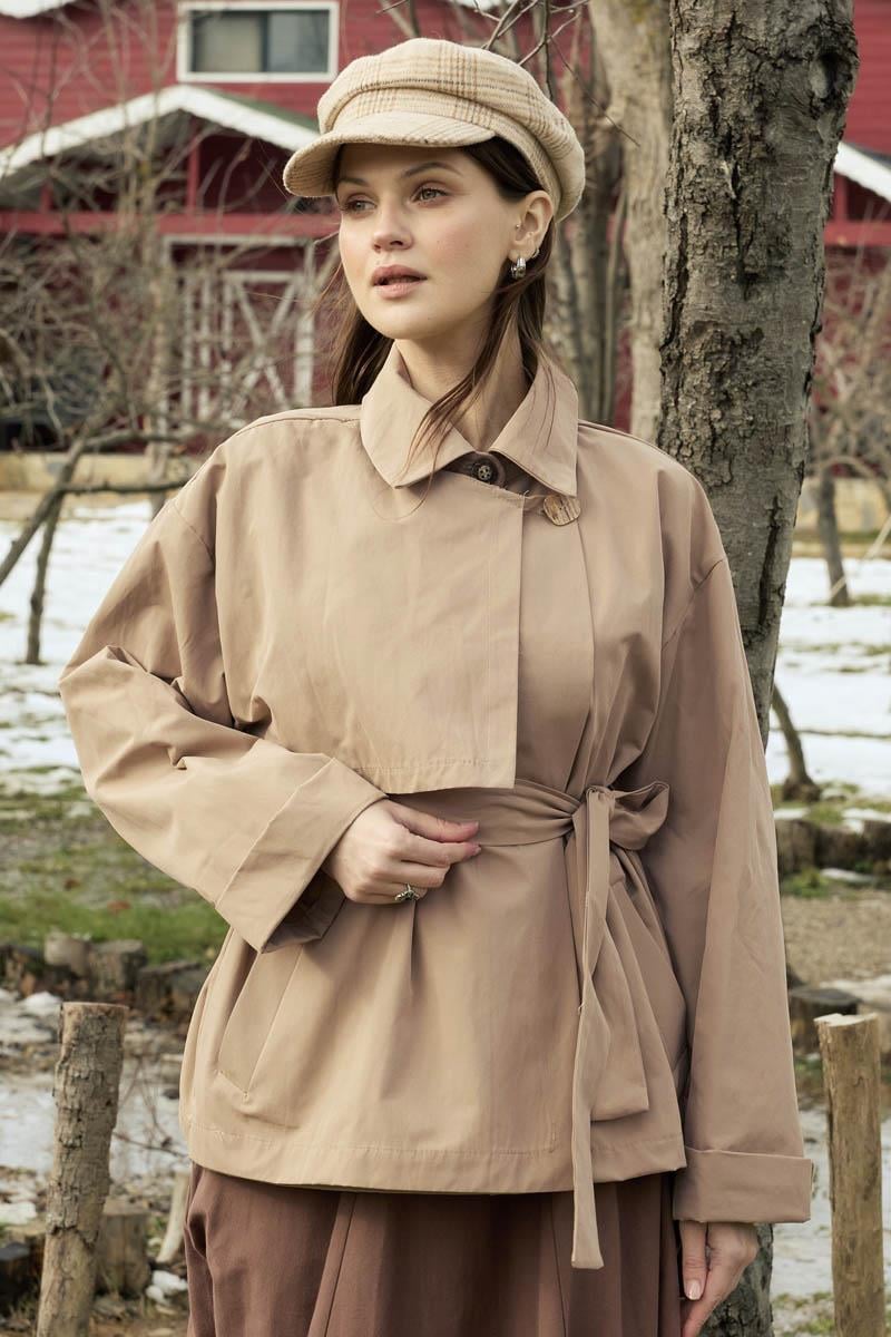 Düşük Kol Kruvaze Trençkot Bej