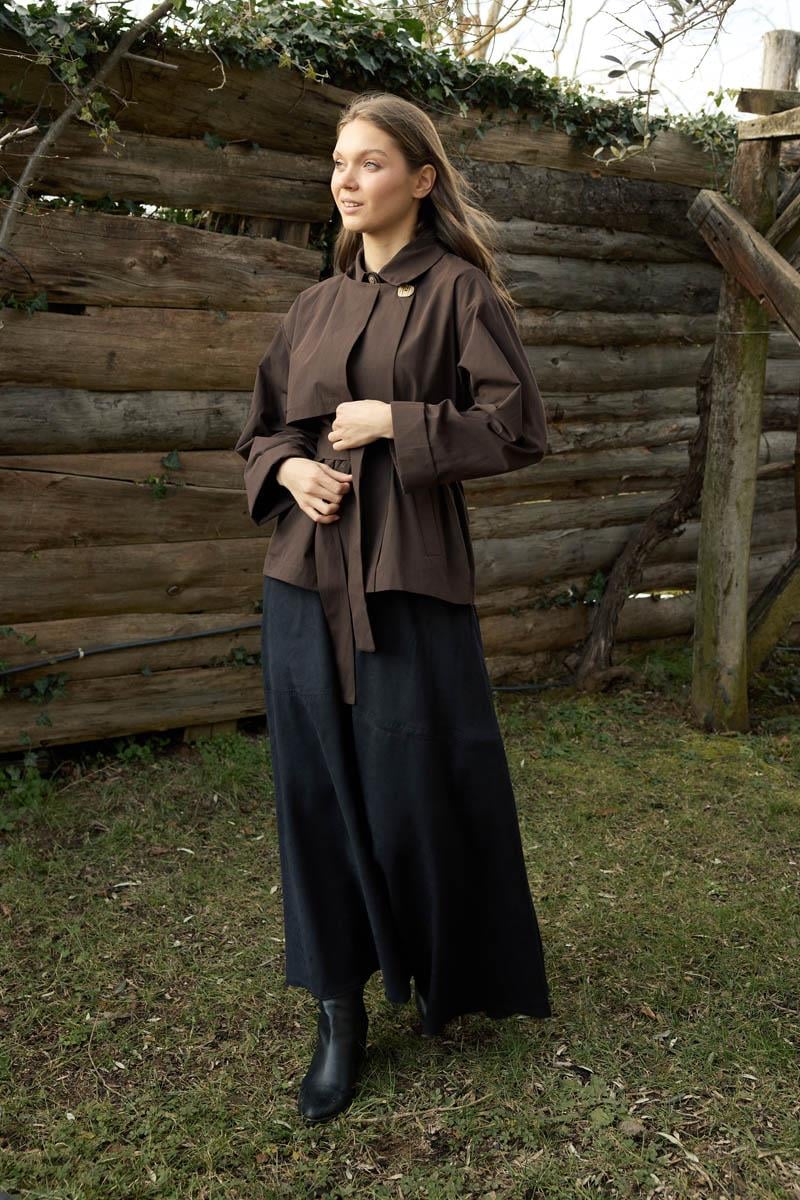 Düşük Kol Kruvaze Trençkot Kahverengi