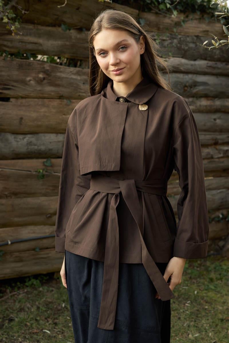 Düşük Kol Kruvaze Trençkot Kahverengi