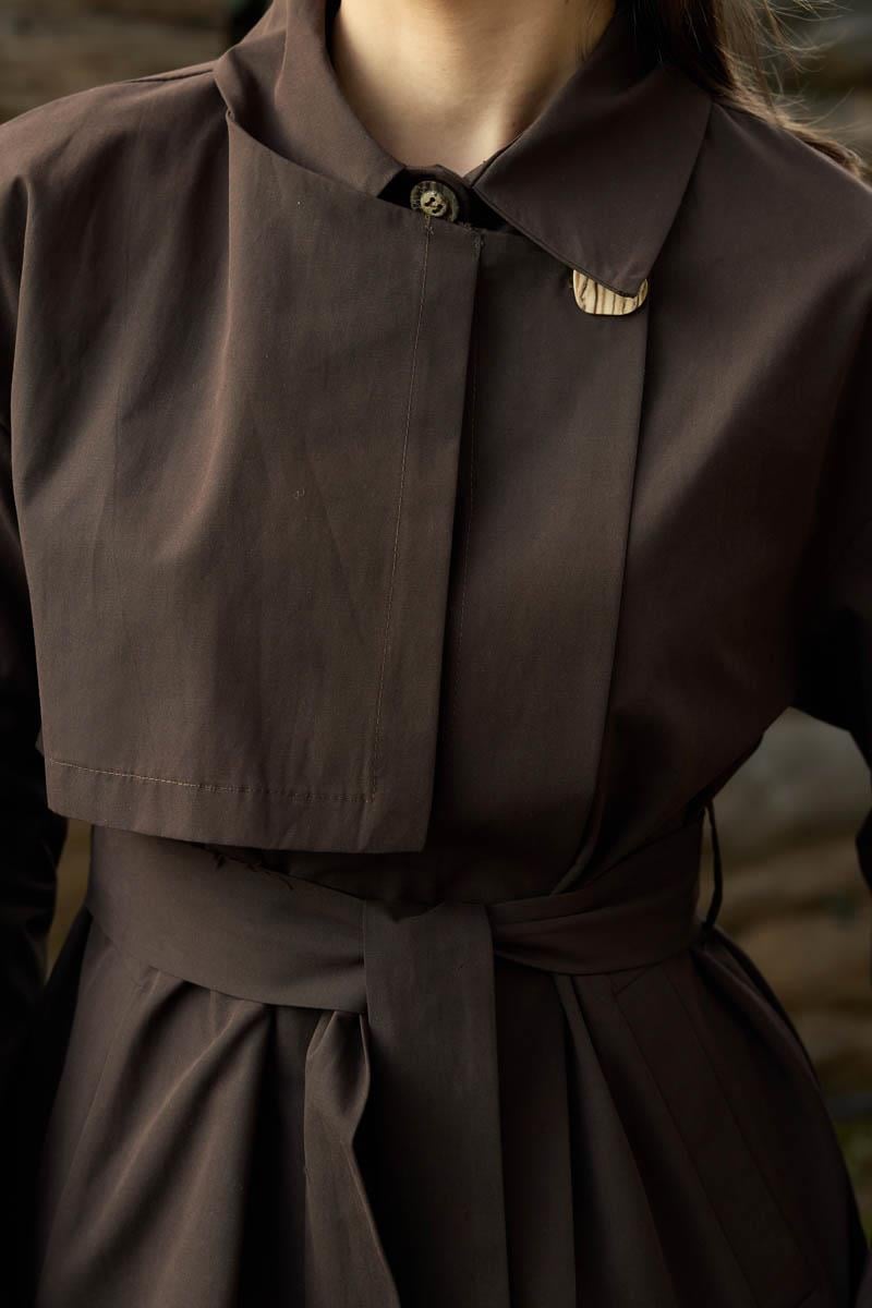 Düşük Kol Kruvaze Trençkot Kahverengi