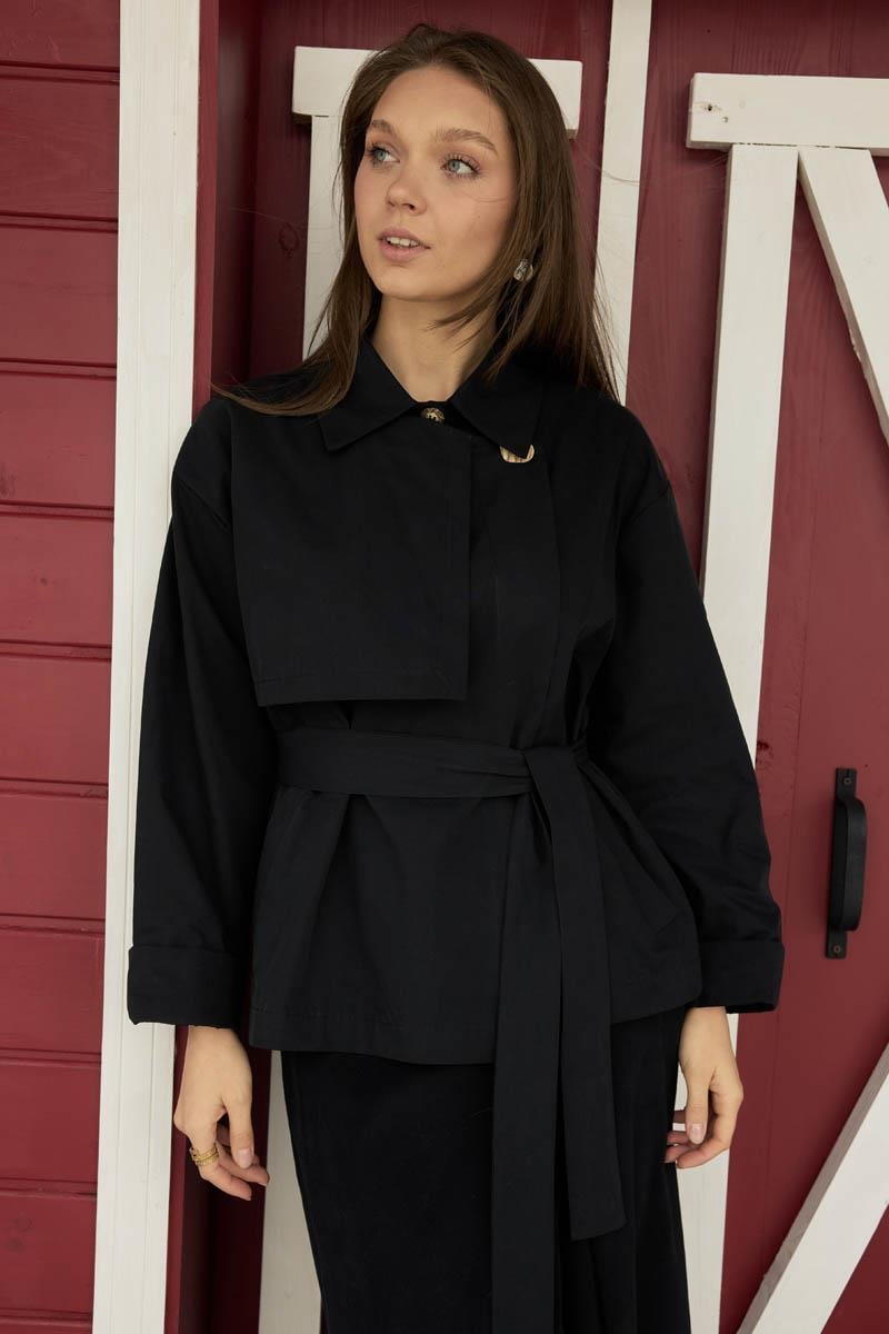 Düşük Kol Kruvaze Trençkot Siyah